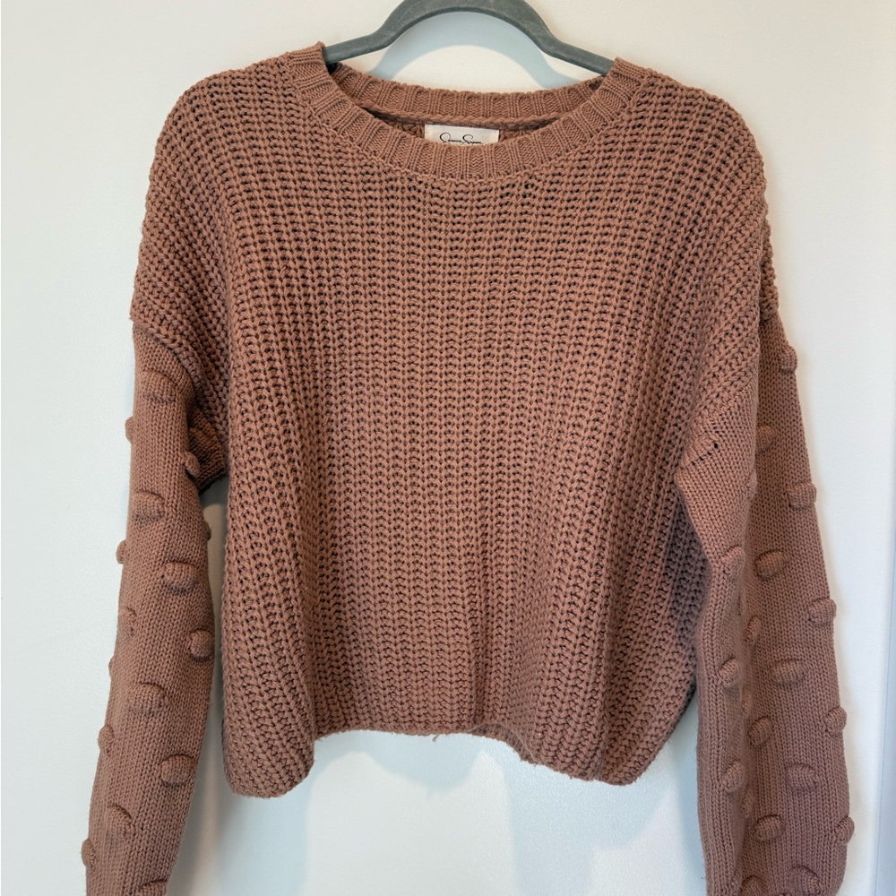Jessica Simpson Dusty Rose Pom-Pom Sleeve Crewneck Sweater